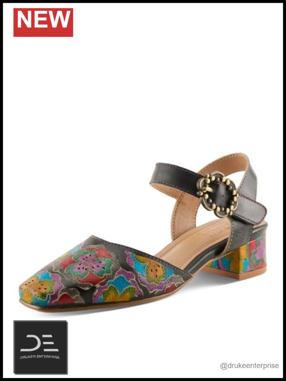 Hand-Painted Leather Pump Hook-and-Loop Almond Toe Block Heel
